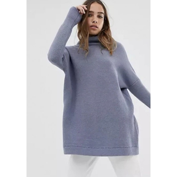 Free People Ottoman Slouchy Ribbed Mock Neck Sweater Tunic Chambray Blue SMALL - Picture 1 of 9